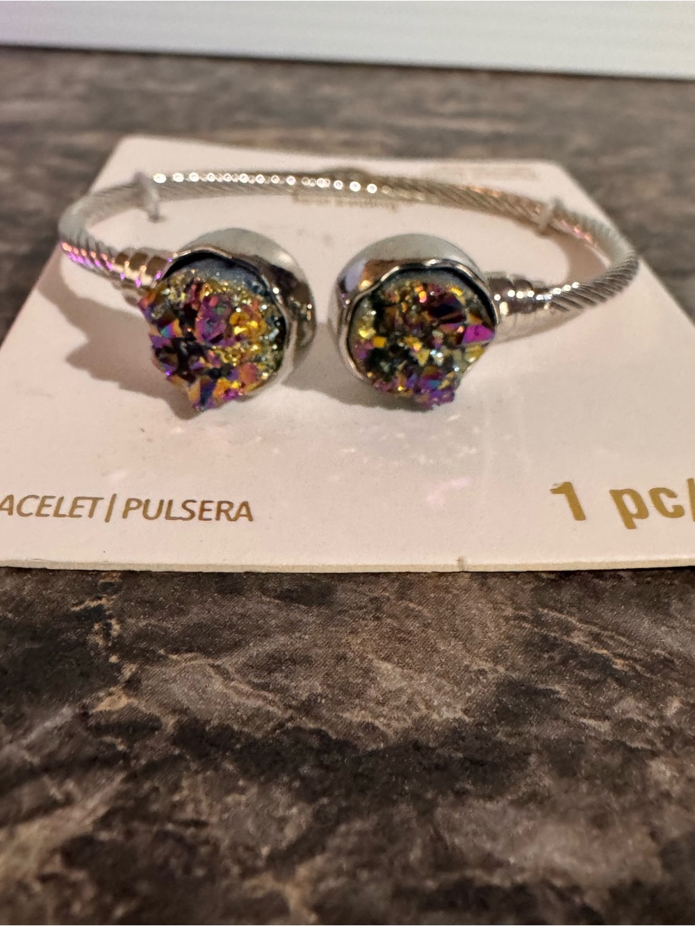 Bead Landing Silver Tone Cuff Bracelet with Rainbow Druzy Stone Ends New